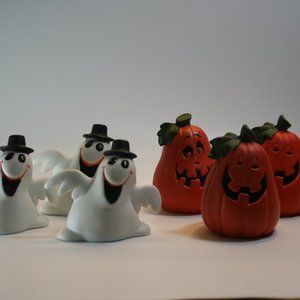 Vintage lot of Halloween Ceramic Figures, 3 Cute Ghosts, 3 Funny Pumpkins